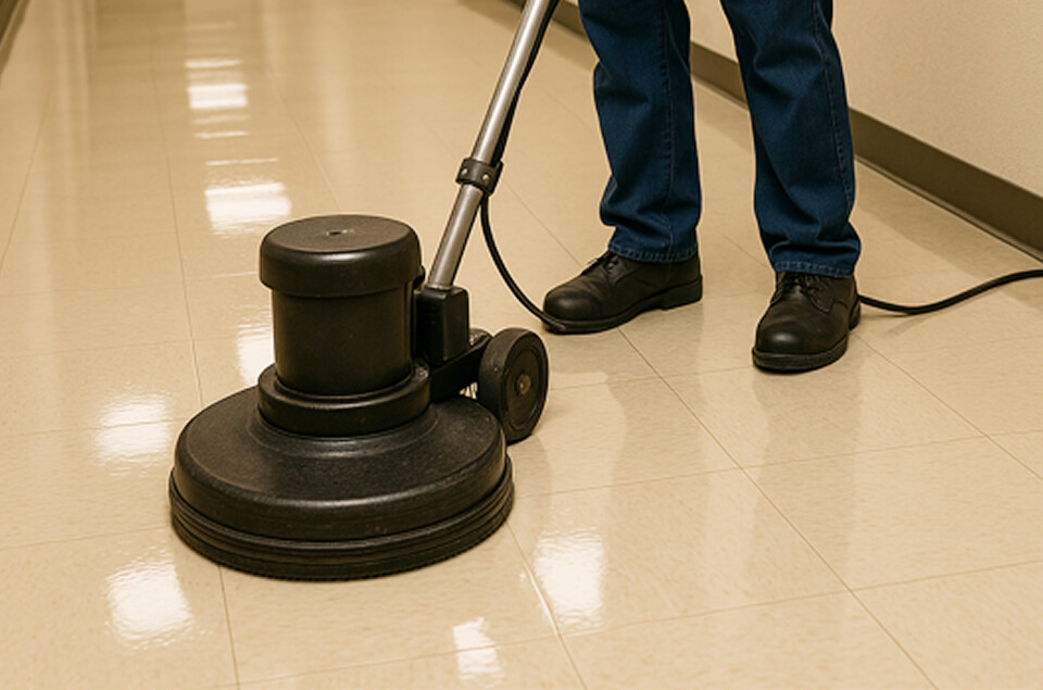Person using floor buffer on shiny tile floor
